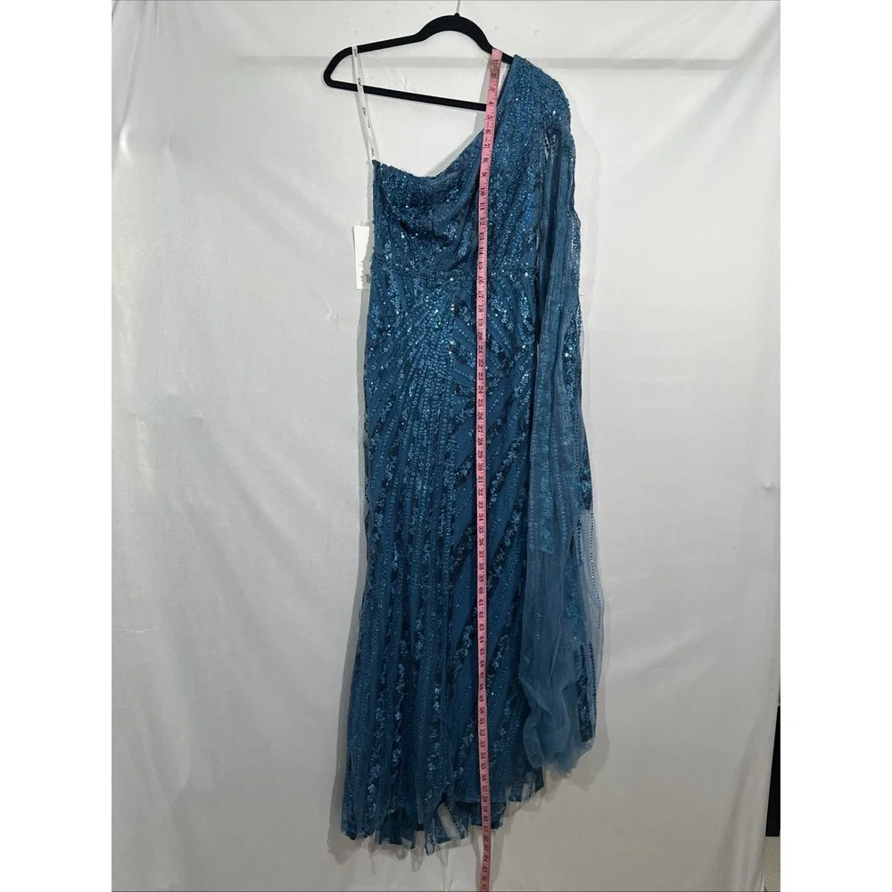 NWT Mac Duggal [ 4 ] 20528 One Shoulder‎ Cape Sleeve Embellished Gown Blue J1911 - Picture 7 of 15